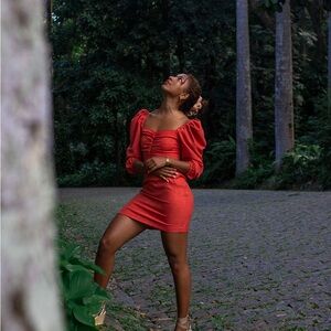 Red Puff Sleeve Ruched Mini Dress